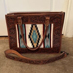 American Darling Brown Leather and Multicolor Patterned Briefcase